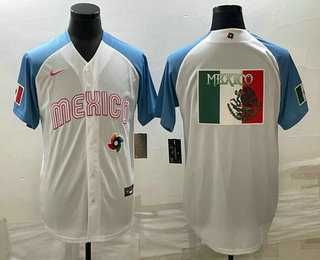 Men%27s Mexico Big Logo 2023 White Blue World Classic Stitched Jersey->2023 world baseball classic->MLB Jersey
